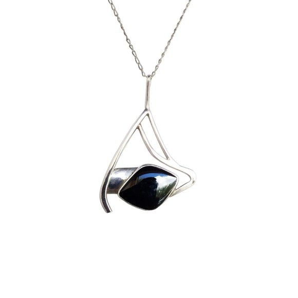 Vintage Black Pendant Necklace Modernist Design Pendant Necklace Artist Signed - Picture 1 of 6